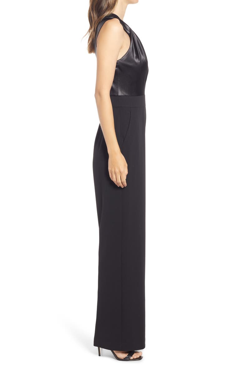 Twist Neck Satin & Crepe Jumpsuit, Alternate, color, BLACK