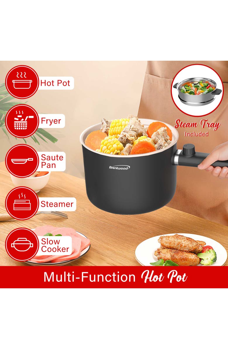 Brentwood Multi-Function Electric Hot Pot Cooker with Ceramic Non-Stick Ceramic Coating and Stainless-Steel Food Steamer, Alternate, color, Black