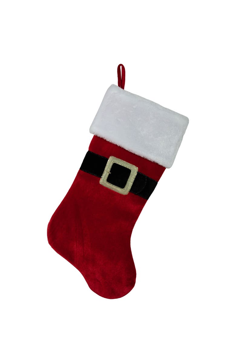 Northlight 20" Red and White Velveteen Santa Claus Belt Buckle Christmas Stocking, Main, color,