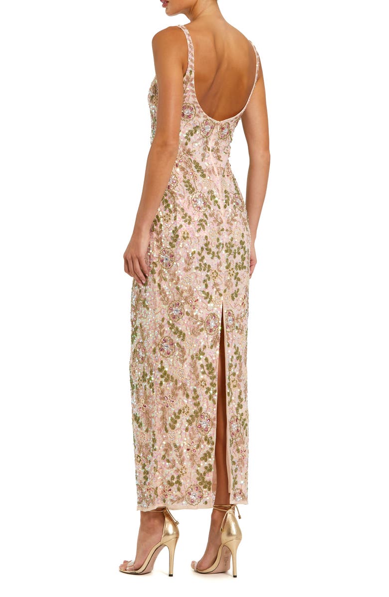 Mac Duggal Sleeveless Hand Beaded Floral Midi Dress, Alternate, color, Beige Multi