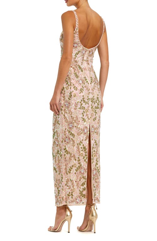 Mac Duggal Sleeveless Hand Beaded Floral Midi Dress In Beige Multi