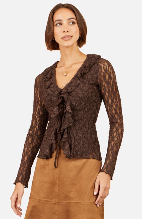 Sheer Long Sleeve Ruffle Lace Top