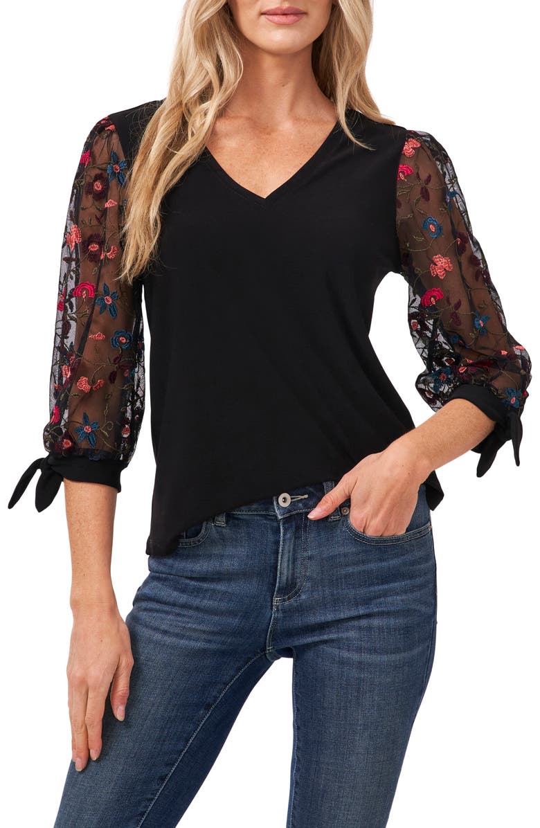 CeCe Floral Embroidered Jersey & Tulle Top, Main, color,