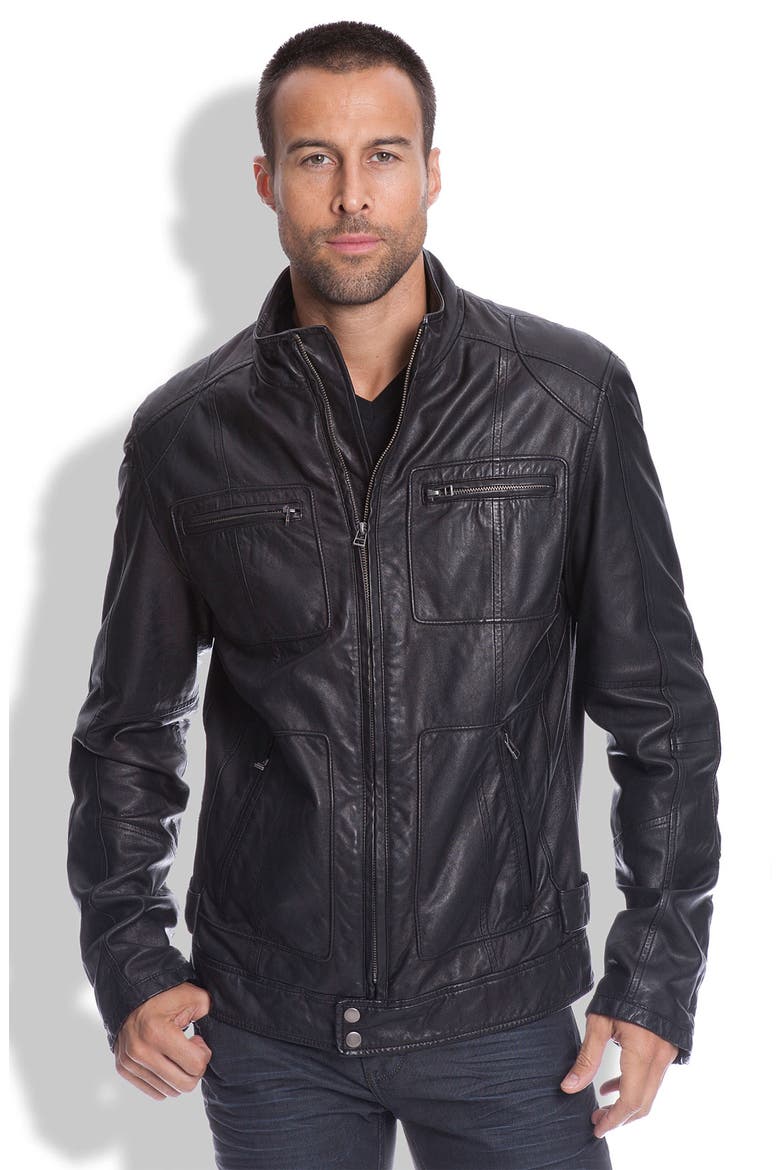 'Montreal' Trim Fit Leather Jacket, Main, color, BLACK