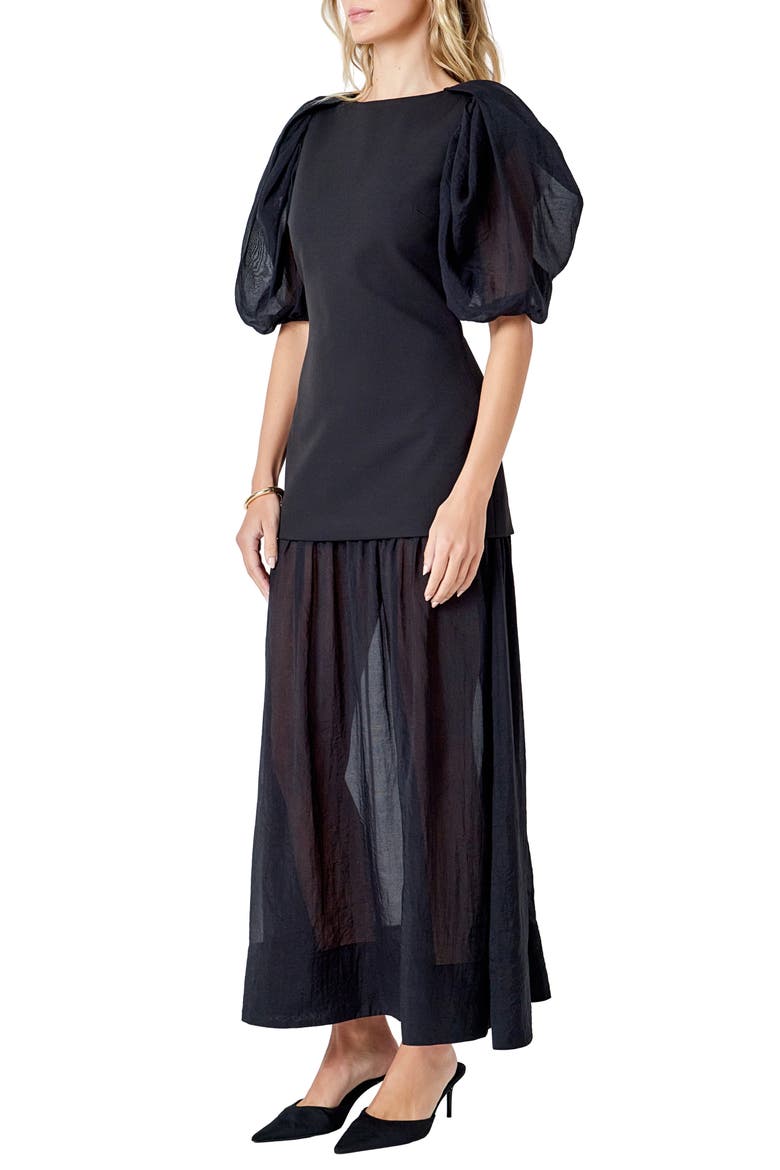 Drop Waist Puff Sleeve Maxi Dress, Alternate, color, BLACK