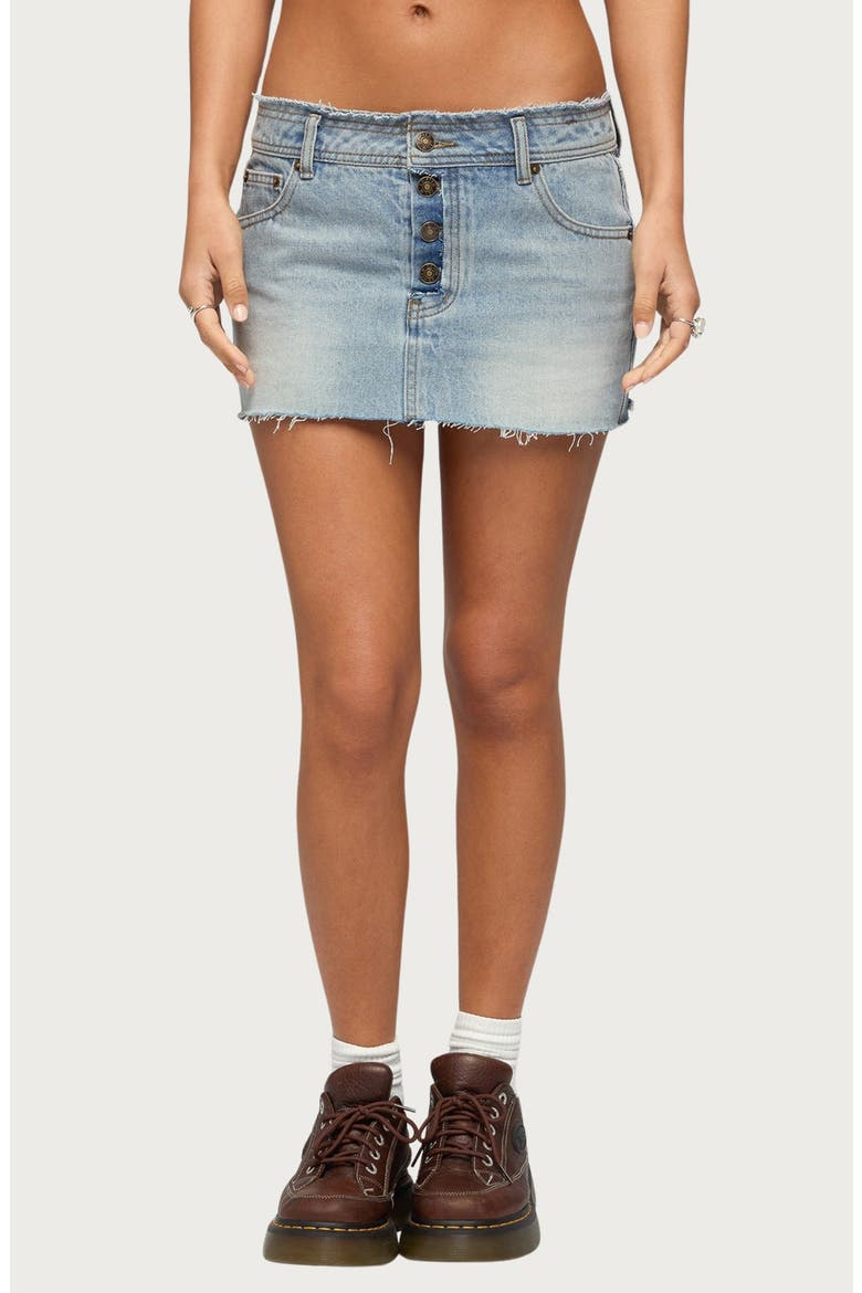 Emree Distressed Denim Miniskirt, Main, color, LIGHT-BLUE