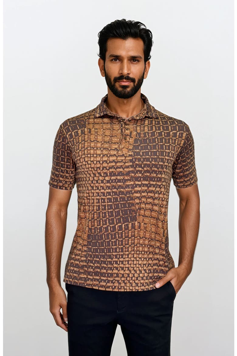 Wrinkle Resistant 3 Button Alligator Print Polo Shirt, Main, color, Brown Multi