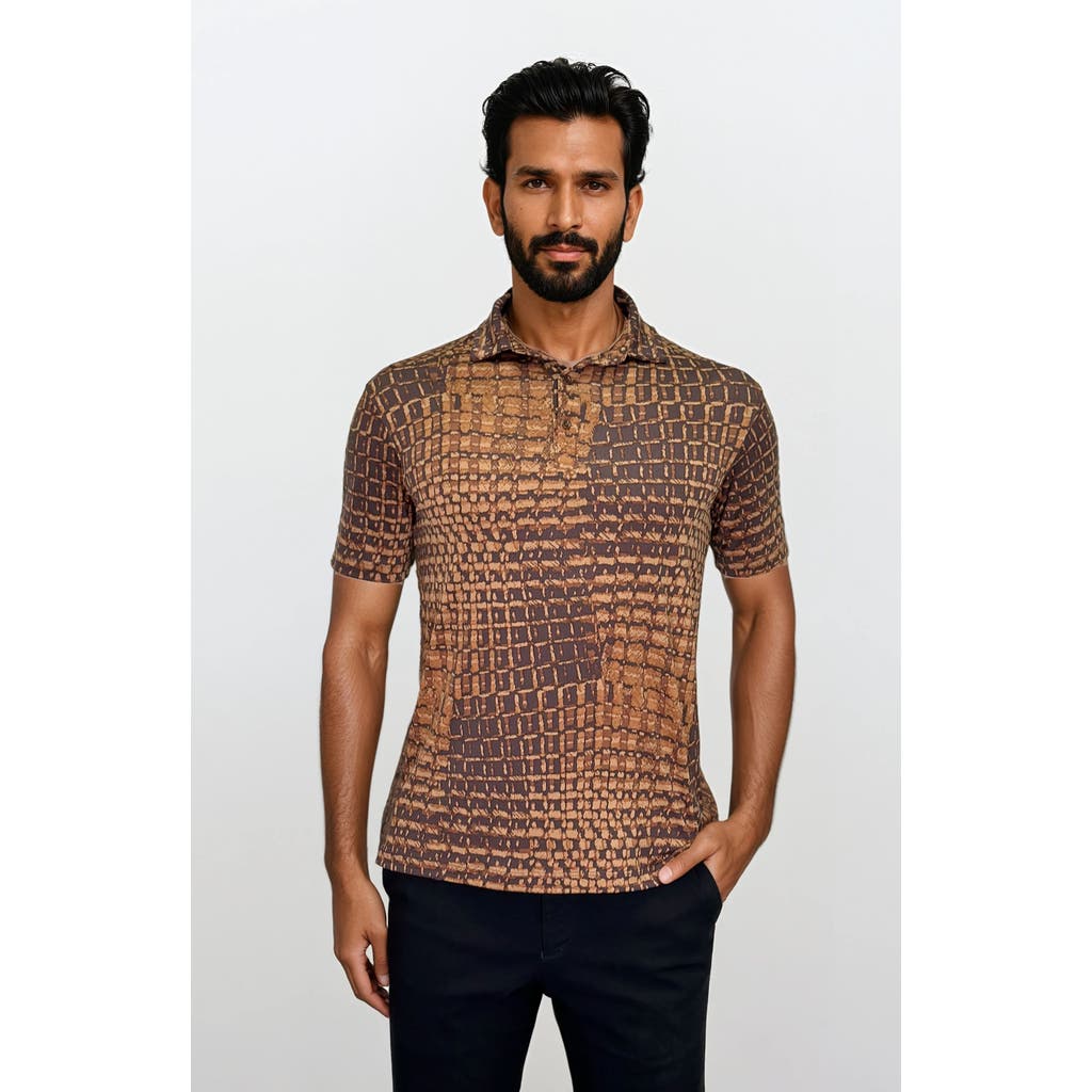 24sevenmen Wrinkle Resistant 3 Button Alligator Print Polo Shirt In Multi