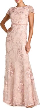 Mac Duggal Floral Applique Boat Neck Cap Sleeve Gown
