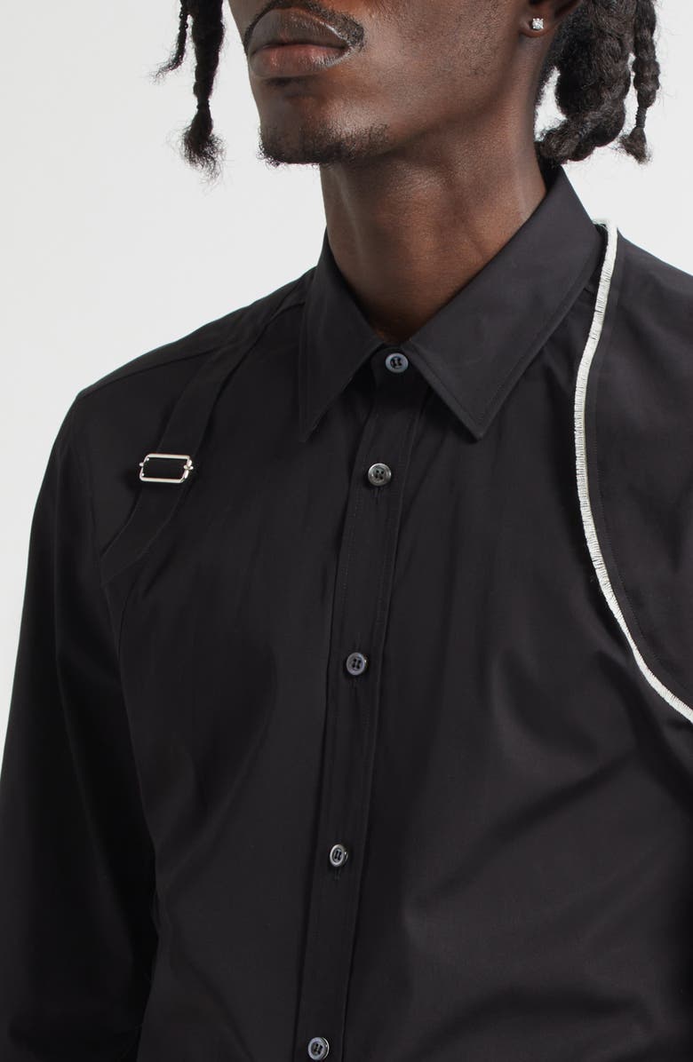 McQueen Raw Edge Harness Cotton Popling Button-Up Shirt, Alternate, color, Black