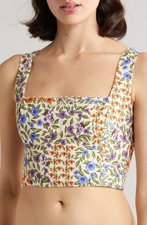 Kosia Floral Beaded Cotton Crop Cover-Up Top