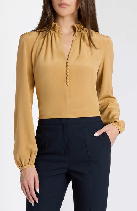 Astrid Long Sleeve Silk Ruffle-Neck Top
