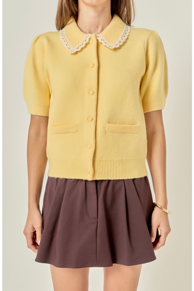 Lace Trim Puff Sleeve Cardigan, Alternate, color, BUTTER YELLOW