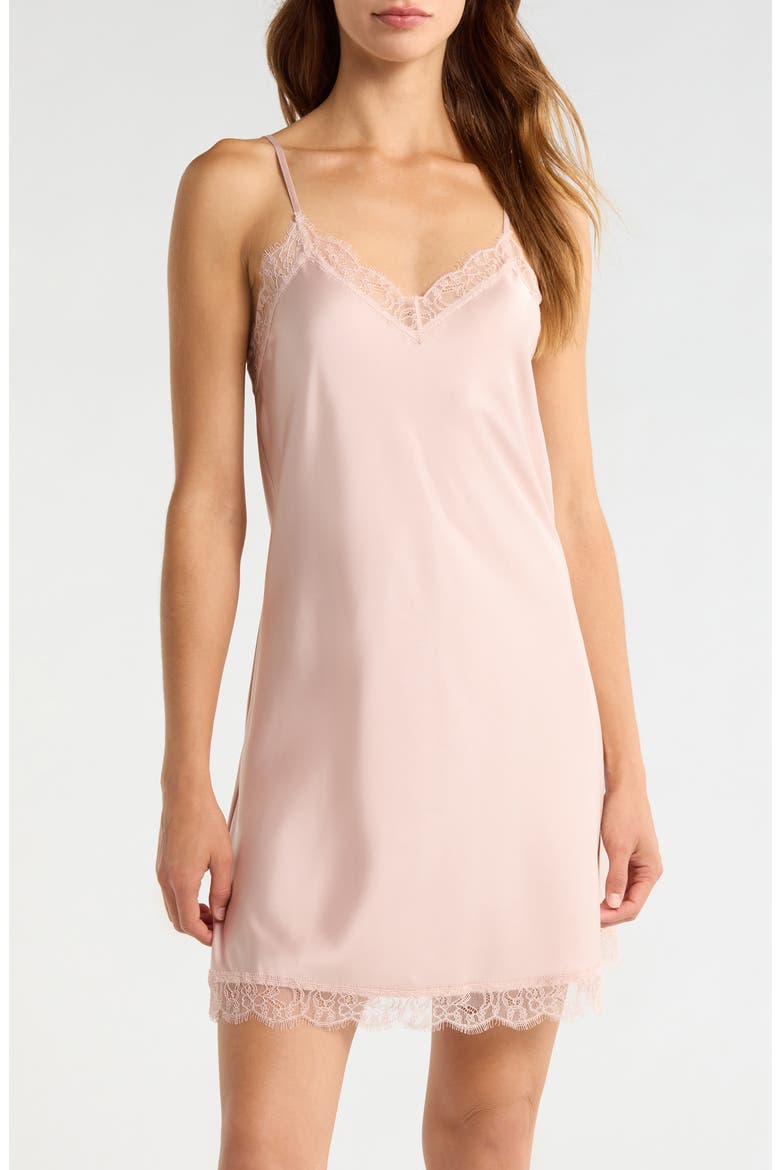 Scalloped Lace Trim Satin Slip, Main, color, PINK SEPIA