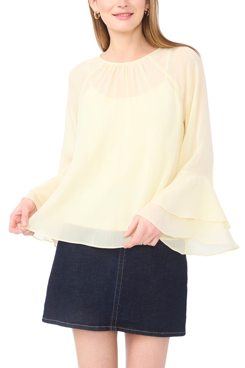 Double Ruffle Cuff Semi Sheer Top, Main, color, LEMON CREAM