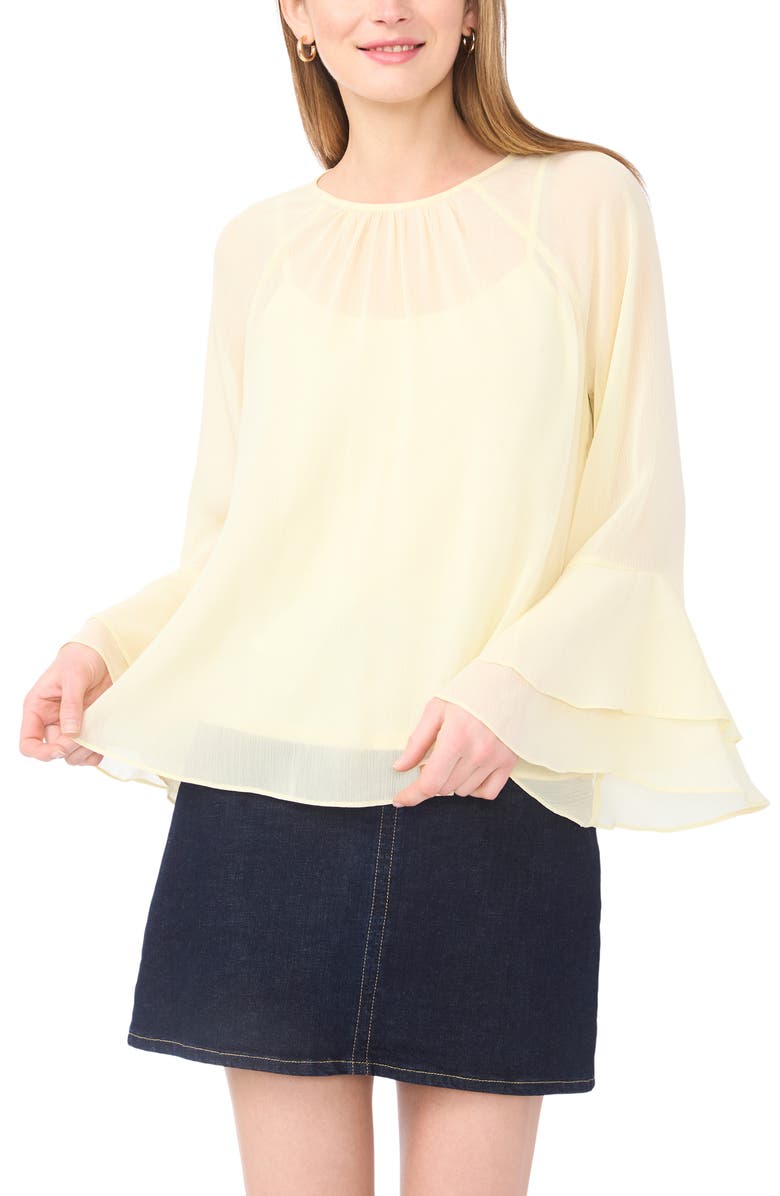 Vince Camuto Double Ruffle Cuff Semi Sheer Top, Main, color, Lemon Cream