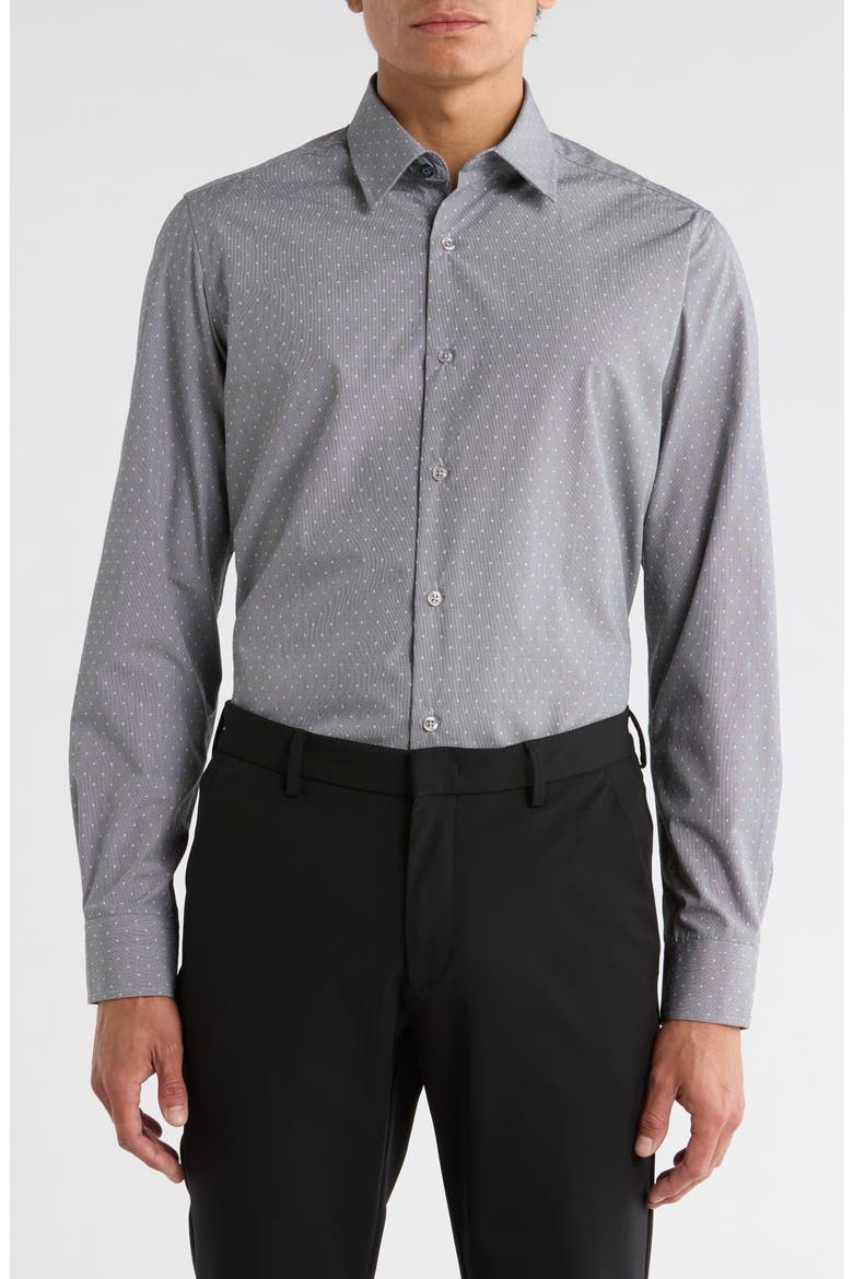 Slim Fit Textured Dot Stretch Cotton Dress Shirt, Main, color, BLACK