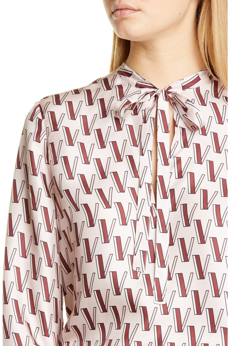 V-Print Tie Neck Silk Twill Blouse, Alternate, color, POUDRE