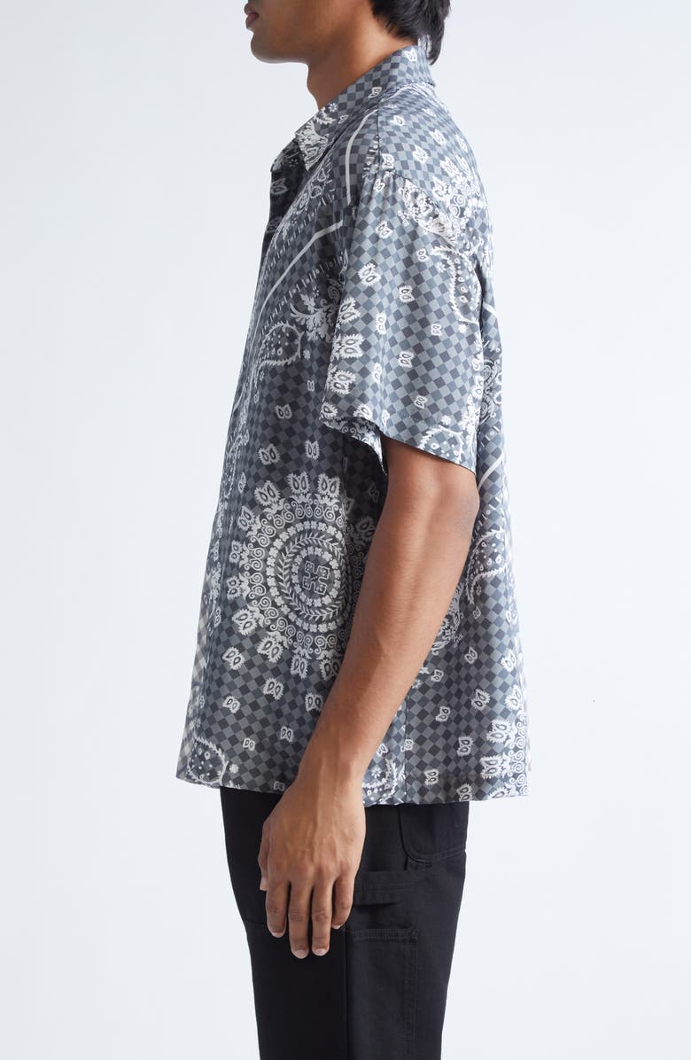 Rhude Split Gingham & Bandana Print Short Sleeve Button-Up Shirt, Alternate, color, Black / White 3028