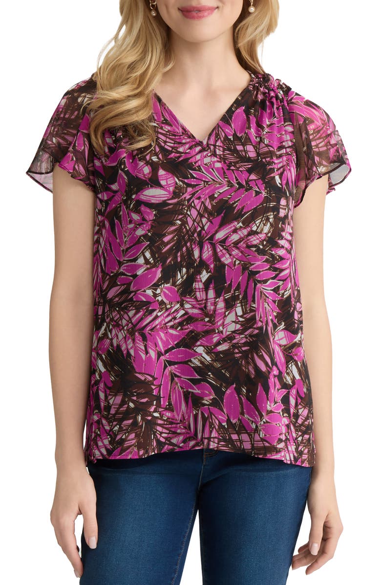 Jones New York Print Flutter Sleeve Top, Main, color, Bright Orchid Multi