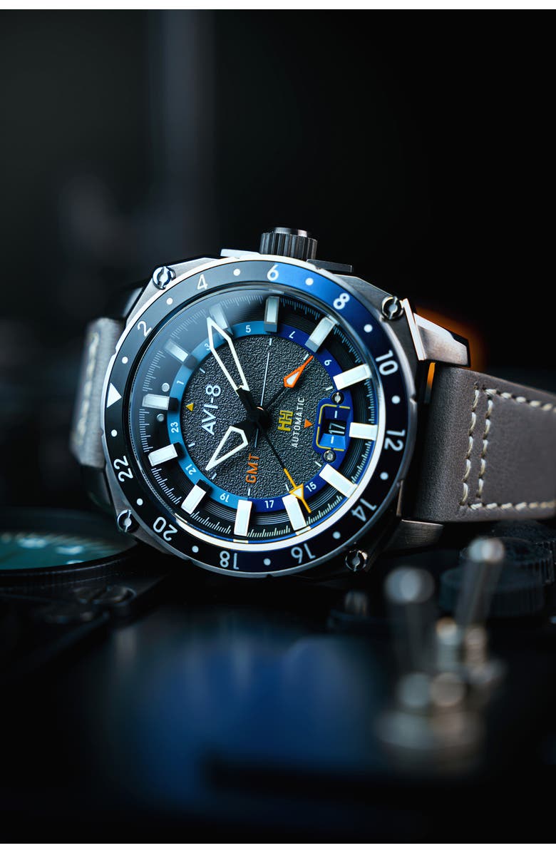 AVI-8 Hawker Hunter Atlas GMT Movement Leather Strap Watch, 44mm, Alternate, color, Grey