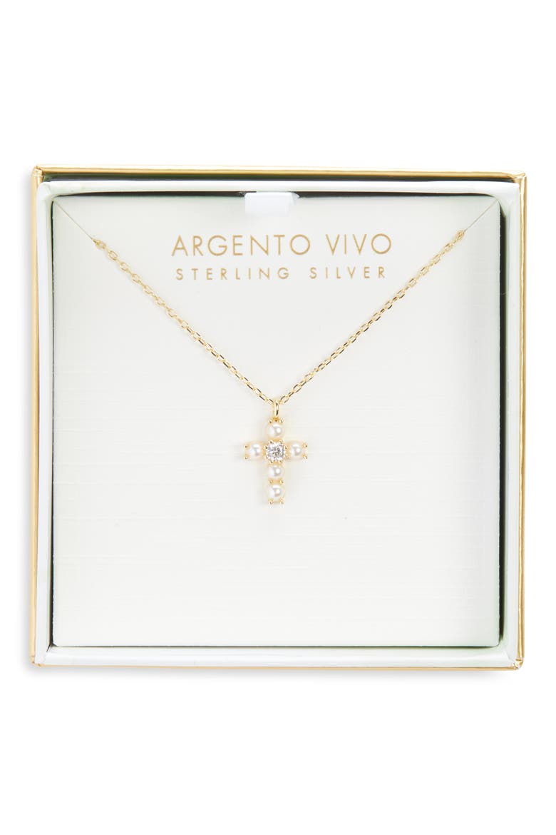 Faux Pearl Beaded Cross Pendant Necklace, Main, color, GOLD