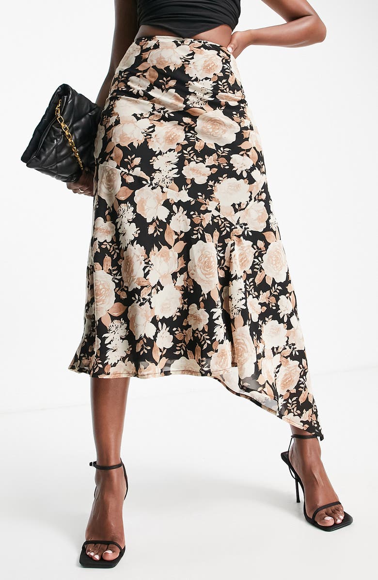 ASOS DESIGN Floral Print Asymmetric Midi Skirt, Main, color, 