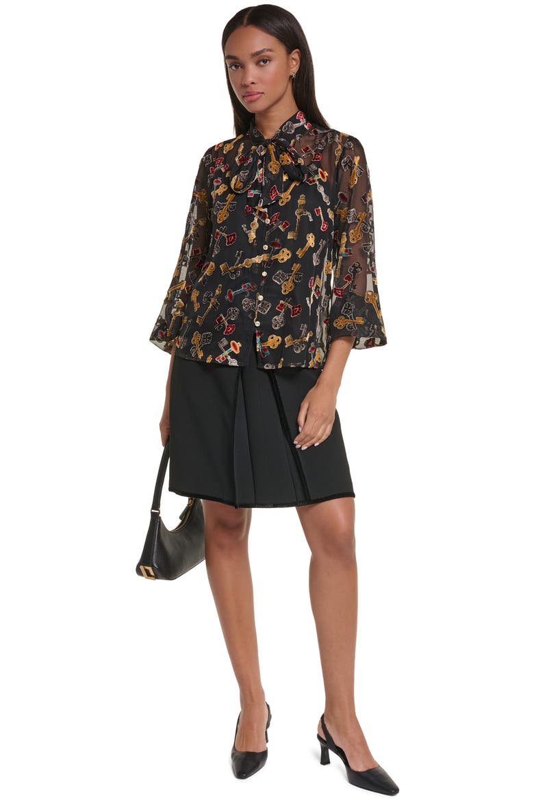 Velvet Burnout Tie Neck Blouse, Alternate, color, BLACK MULTI