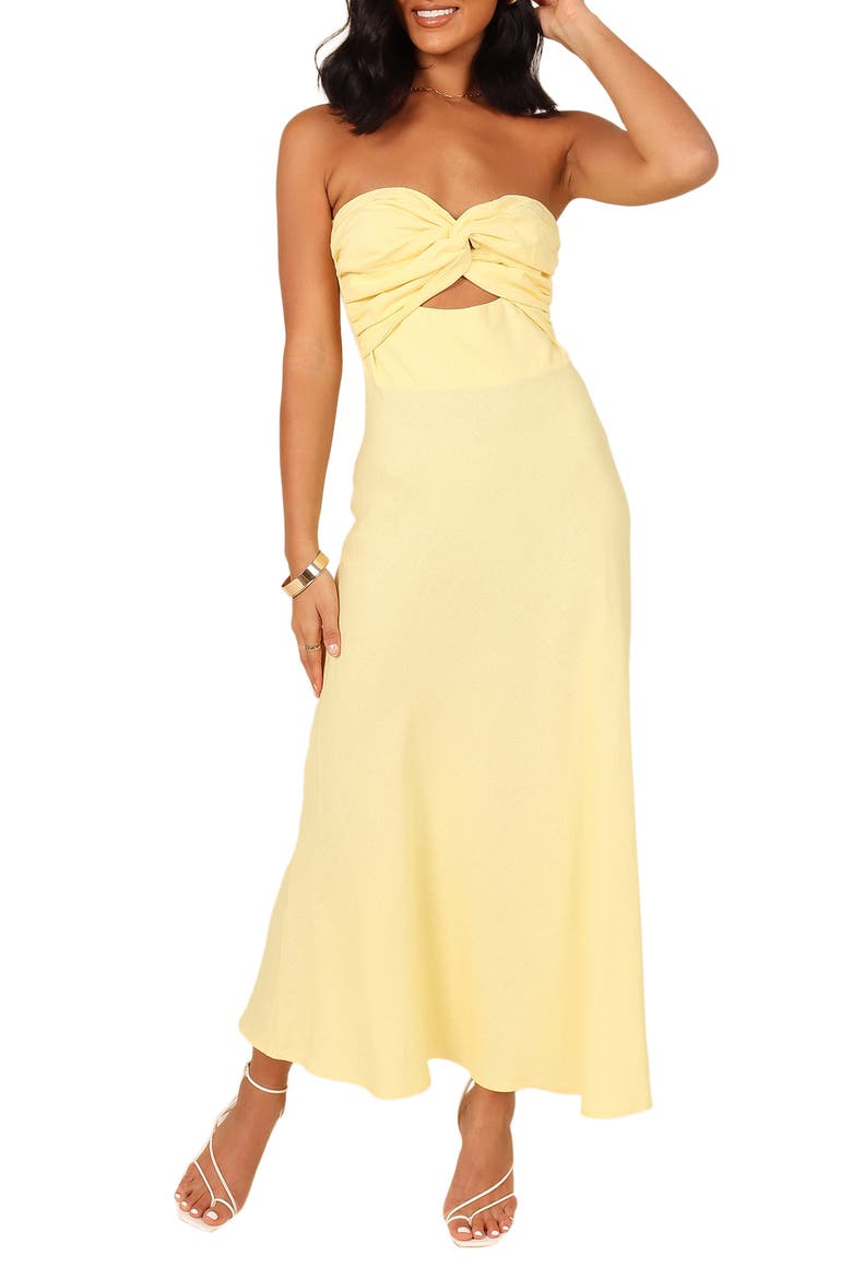 Rosetta Cutout Cotton & Linen Strapless Dress, Main, color, LEMON