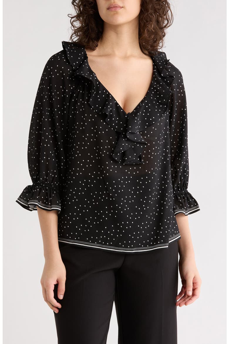Ruffle Front Floral Top, Main, color, BLACK/ IVORY POLKA DOT