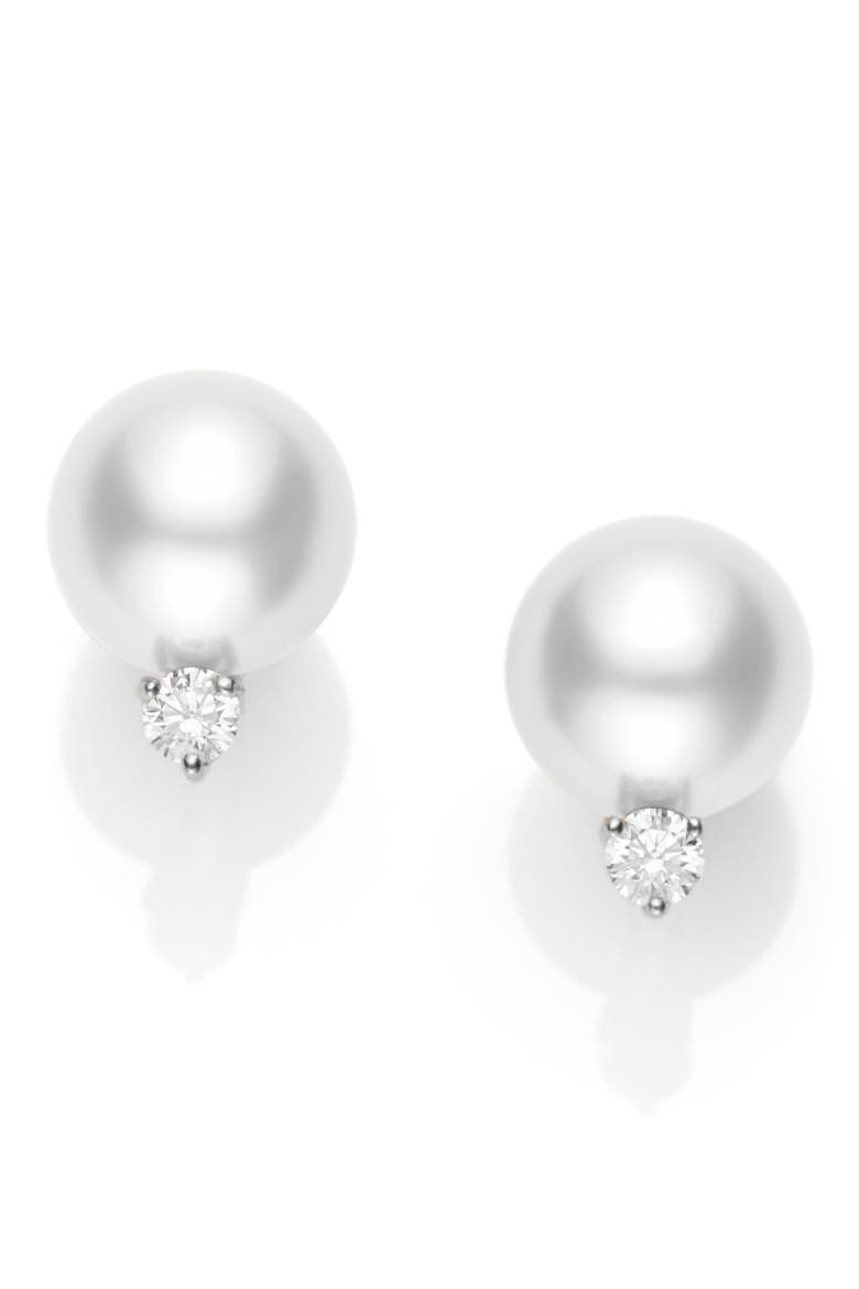 Pearl & Diamond Stud Earrings, Main, color, PEARL