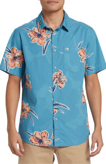 Quiksilver Apero Floral Short Sleeve Stretch Cotton Button-up Shirt In Blue