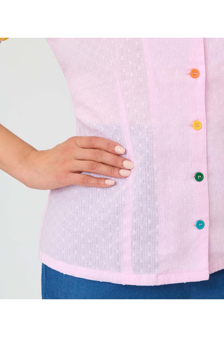 1940s Short Sleeve Collared Button Down Woven Blouse, Alternate, color, Pink w/ Rainbow Print
