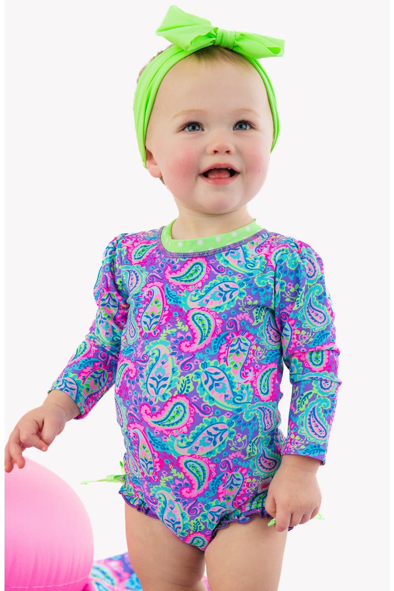 Kids' Neon Paisley One-Piece Rashguard Swimsuit, Alternate, color, PURPLE