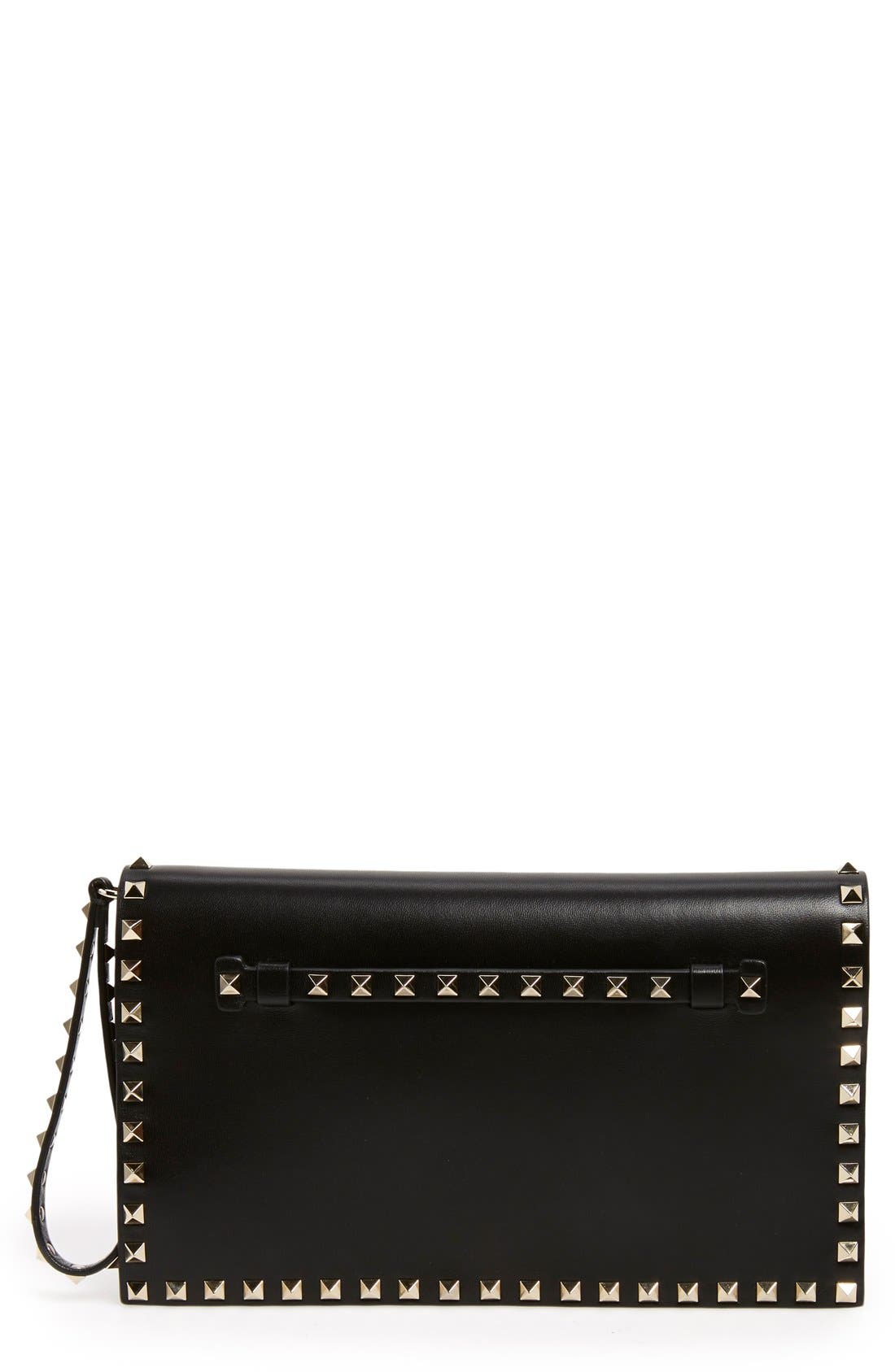 Valentino Garavani Rockstud Leather Flap Clutch, Main, color, 