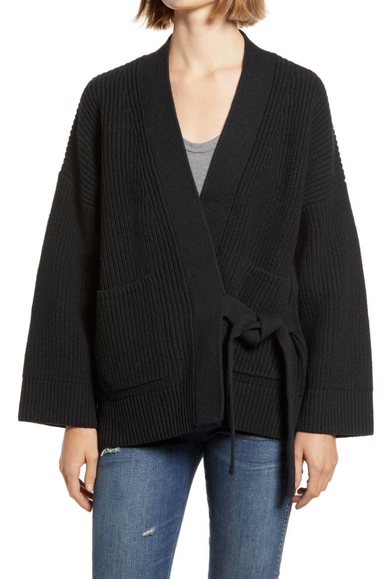 Madison Rib Side Tie Cardigan (Nordstrom Exclusive), Main, color, TRUE BLACK