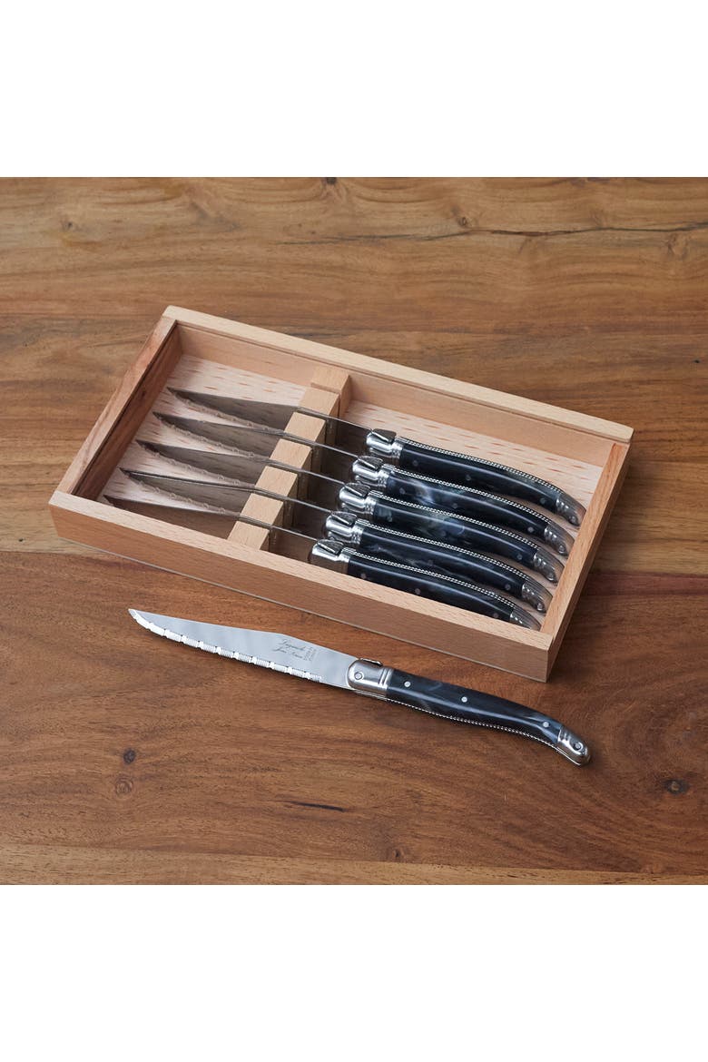 6 Piece Steak Knife Set, Platine Marble in Wood Box with Acrylic Lid, Alternate, color, Black