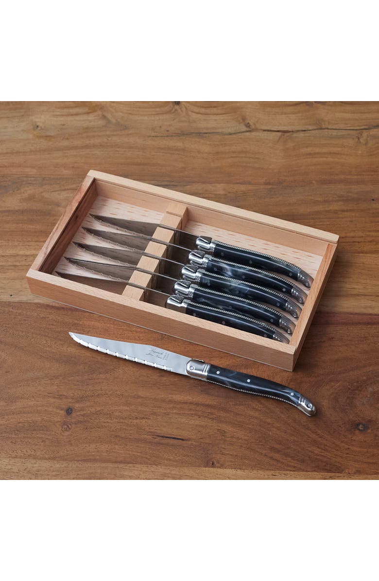 Be Home Laguiole 6 Piece Steak Knife Set, Platine Marble in Wood Box with Acrylic Lid, Alternate, color, Black