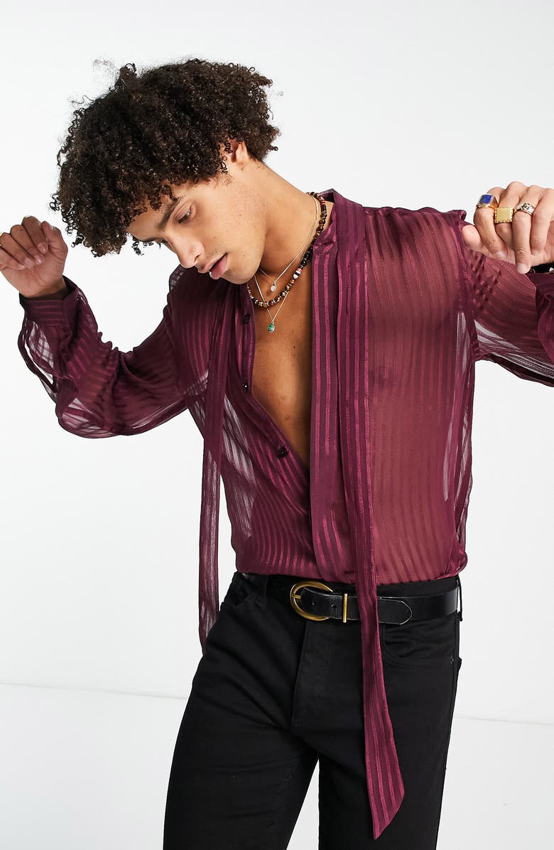 ASOS DESIGN Tie Neck Sheer Button-Up Shirt, Main, color,