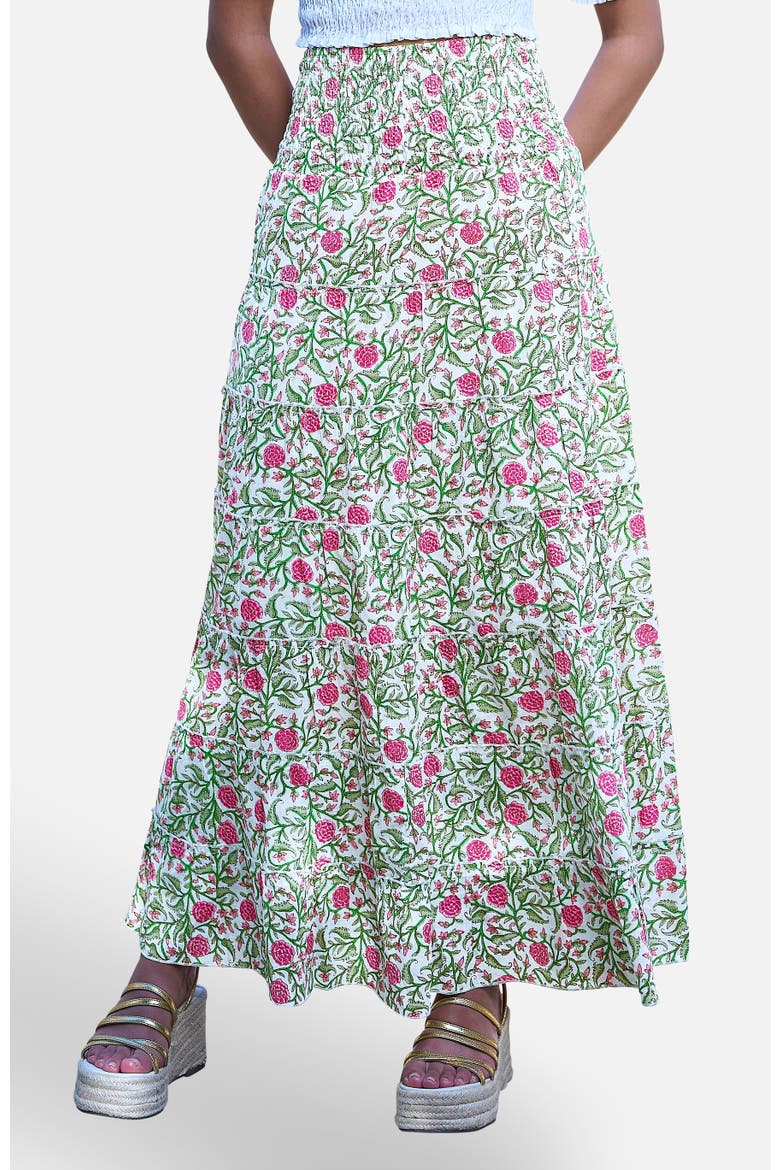 Boho Print Cotton Floral Maxi Skirt, Main, color, White