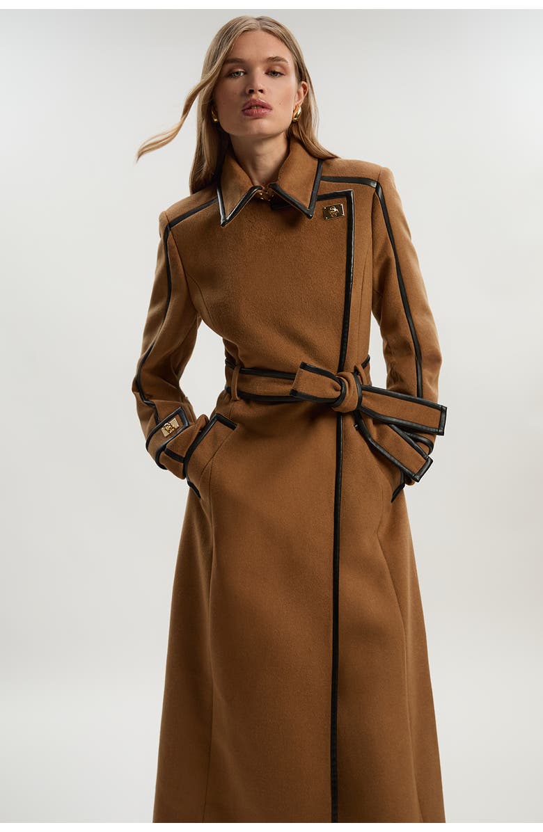 Karen Millen Wool PU Belted Midi Coat, Alternate, color, Camel