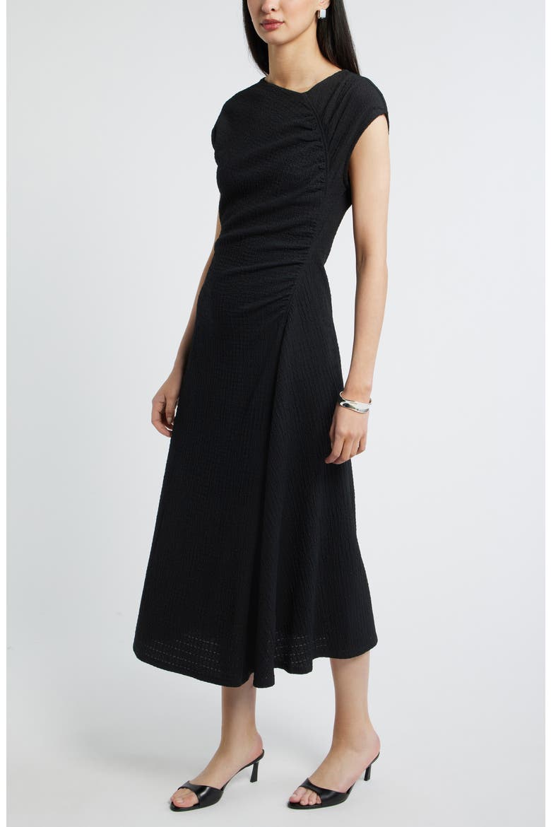 Textured Ruched Midi Dress, Alternate, color, BLACK