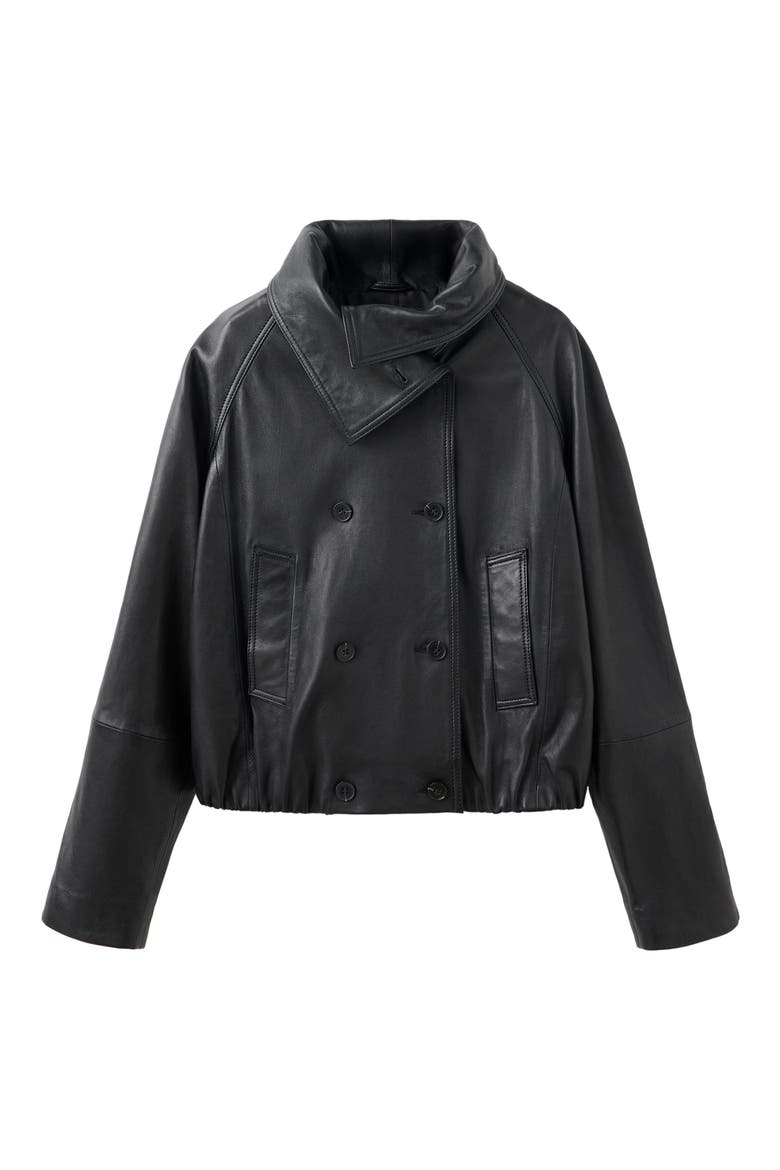 Funnel Neck Leather Jacket, Main, color, BLACK