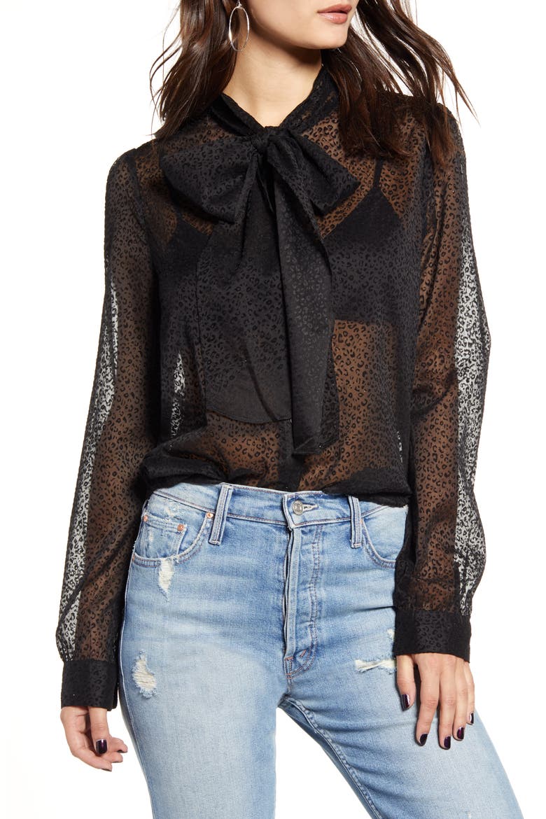 Leopard Print Front Tie Velvet Burnout Blouse, Main, color, BLACK