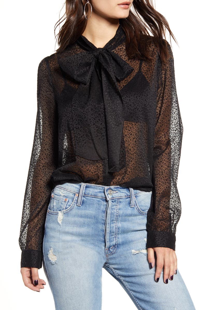 Endless Rose Leopard Print Front Tie Velvet Burnout Blouse, Main, color, 