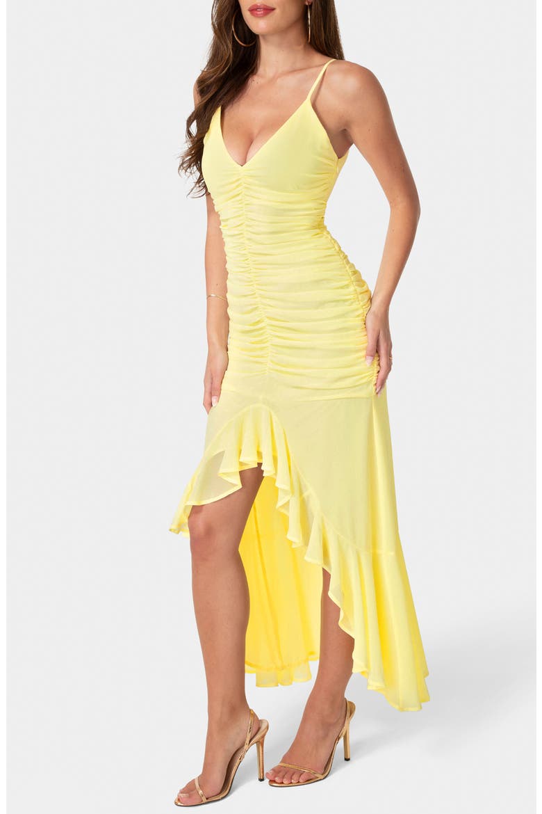 Cascading Ruffle Ruched Chiffon High-Low Dress, Alternate, color, BUTTER