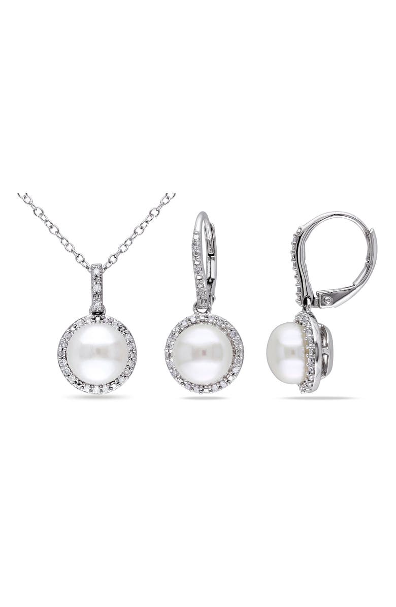 DELMAR Cultured Pearl & Diamond Pendant Necklace & Drop Earrings Set, Main, color, White