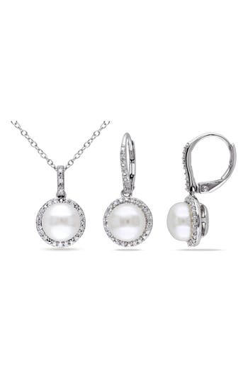 Delmar Cultured Pearl & Diamond Pendant Necklace & Drop Earrings Set In Metallic