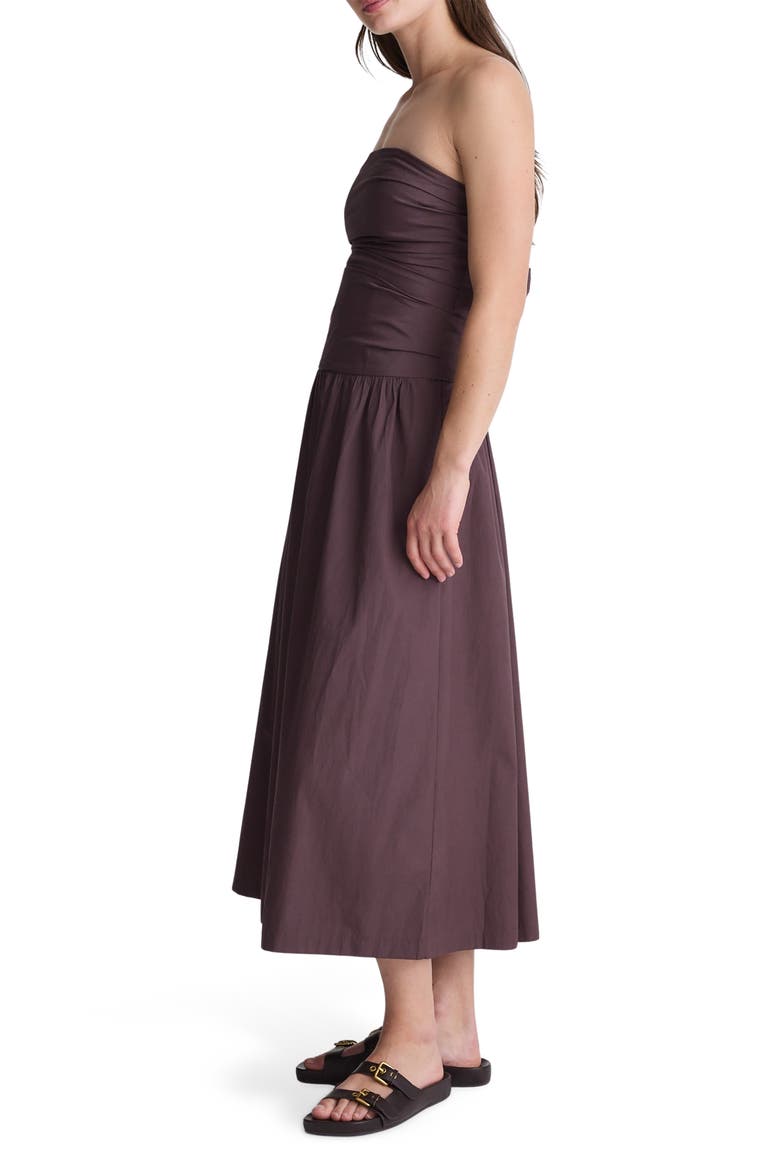 Strapless Ruched Poplin Midi Dress, Alternate, color, CHOCOLATE PLUM