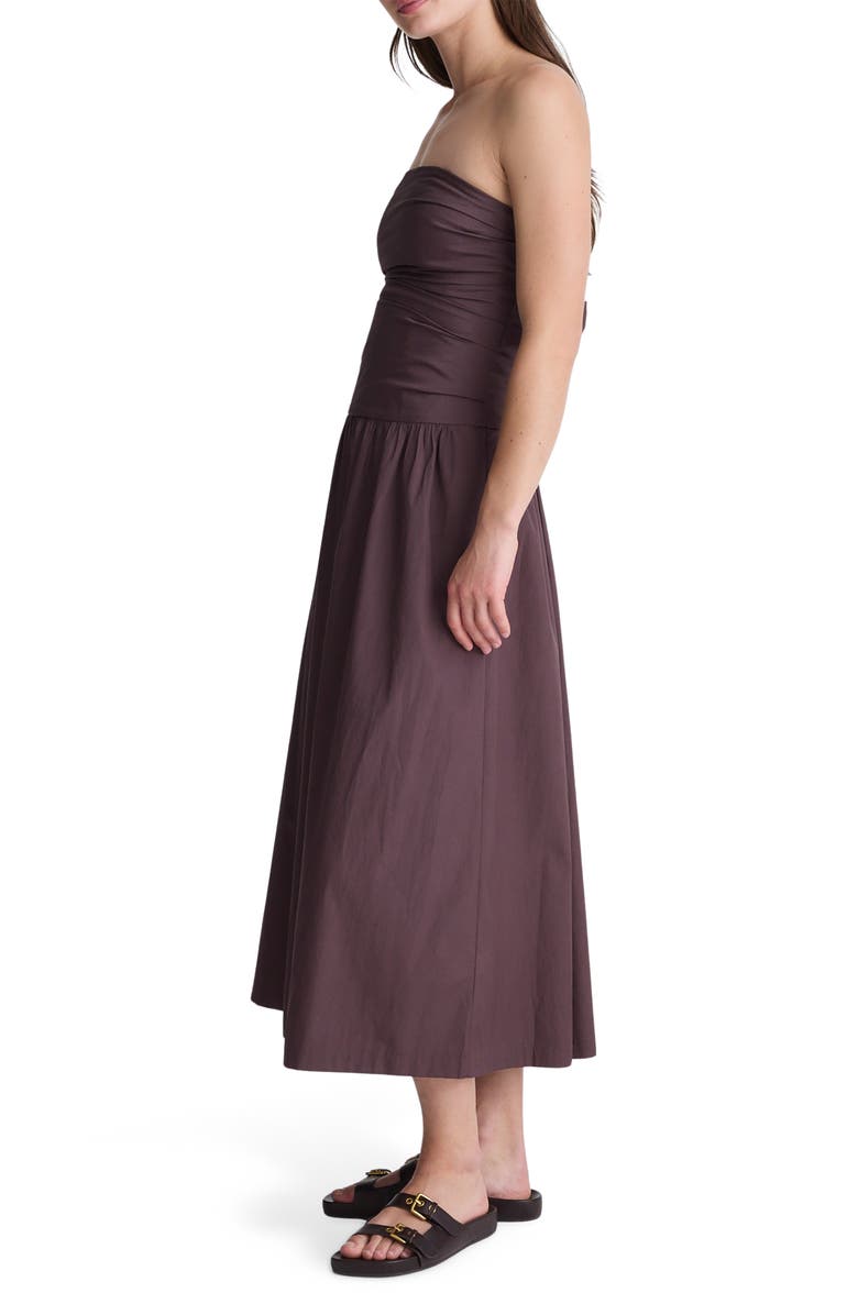 Madewell Strapless Ruched Poplin Midi Dress, Alternate, color, Chocolate Plum